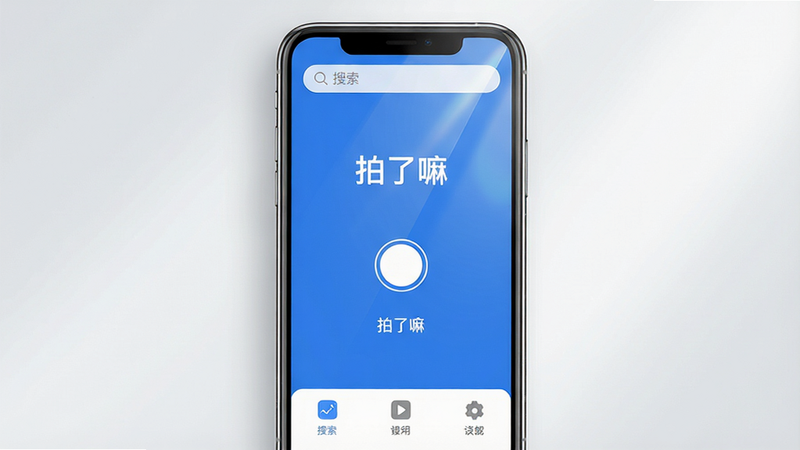 主体:一部智能手机屏幕显示“拍了嘛”应用界面,界面风格简约现代,主色调为蓝色与白色,屏幕中展示拍摄功能与照片预览。布局:手机居中,背景为干净的浅灰色渐变,手机屏幕内容清晰可见,周围有柔和的光影效果。排版:屏幕界面包含顶部搜索栏、中部拍摄按钮、底部功能图标,文字标签为“拍了嘛”。风格:科技感、清新、专业。细节:屏幕反射出细微光线,界面图标精致,整体画面干净无多余元素。画质:高清渲染,干净,无多余元素。