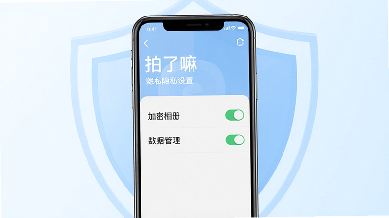 主体:手机屏幕显示“拍了嘛”隐私设置界面,有“加密相册”和“数据管理”选项。布局:手机居中,背景为淡蓝色安全盾牌图案。排版:屏幕列表清晰,开关状态明显。风格:安全、信任、简洁。细节:盾牌图标与文字搭配,界面无多余元素。画质:高清,干净,无多余元素。