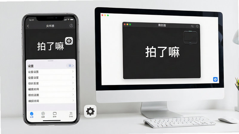 主体:手机与电脑并排,屏幕显示“拍了嘛”应用界面,旁边有齿轮设置图标。布局:左侧手机竖屏,右侧电脑显示器,背景为干净的办公桌。排版:手机屏幕显示“设置”菜单,电脑屏幕显示“模拟器”界面。风格:实用、清晰、现代。细节:界面元素完整,无多余装饰。画质:高清,干净,无多余元素。