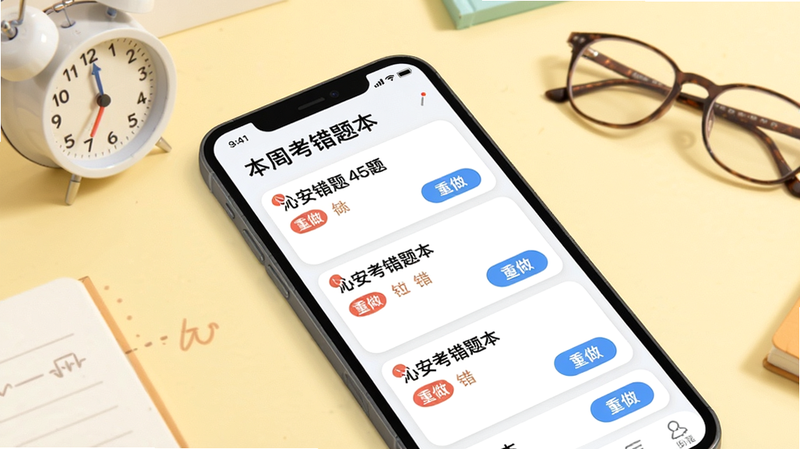 主体:手机屏幕展示沁安考错题本界面,列表中有多道错题卡片,每张卡片显示题目摘要和“重做”按钮。布局:手机斜放,背景为淡黄色书桌,桌面有闹钟和眼镜。排版:卡片圆角设计,错题红色标记,重做按钮为蓝色。风格:插画风与实拍结合,温馨学习氛围。细节:屏幕顶部有“本周错题 45题”统计。画质:干净整洁,无多余元素。