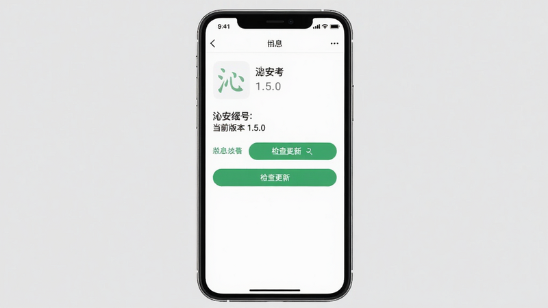 主体:一张手机截图展示沁安考的应用信息页面,显示版本号和“检查更新”按钮。布局:手机屏幕居中,背景为纯色浅灰。排版:文字清晰,按钮为绿色。风格:简洁截屏风格。细节:屏幕上有“当前版本 1.5.0”字样。画质:高清,干净无多余元素。