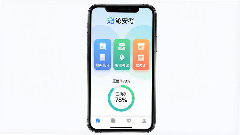 主体:手机屏幕展示沁安考主界面,屏幕中央有“题库练习”“模拟考试”“错题本”三个彩色卡片图标,背景为柔和的蓝白渐变。布局:手机居中,四周留白,上方有“沁安考”文字Logo。排版:图标整齐排列,文字清晰。风格:现代扁平化设计,清新简约。细节:屏幕中显示“正确率78%”进度环,底部有导航栏。画质:高清渲染,干净无多余元素。