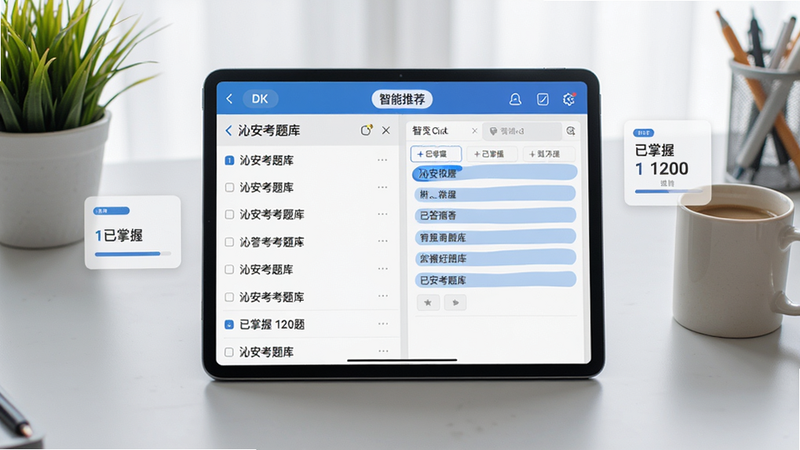 主体:平板电脑上显示沁安考题库页面,左侧是题目列表,右侧是答题卡,顶部有“智能推荐”标签。布局:平板居中,背景为浅灰色工作台,周围摆放绿植和咖啡杯。排版:题目字体清晰,答题卡用蓝色高亮标记已答题目。风格:真实场景摄影风格,光线柔和。细节:屏幕上有“已掌握 120题”统计卡片,整体干净整洁。画质:4K高清,无多余元素。