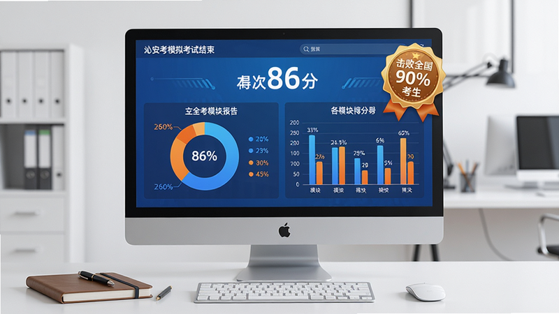 主体:电脑屏幕显示沁安考模拟考试结束后的成绩报告页面,包含环形图、柱状图和各模块得分。布局:电脑居中,背景为简洁办公室,桌面有笔记本和笔。排版:图表色彩鲜艳,数据标注清晰。风格:商务科技感,蓝橙色搭配。细节:屏幕上有“本次得分 86分”大数字,周围有“击败全国90%考生”的荣誉徽章。画质:高清渲染,无多余元素。