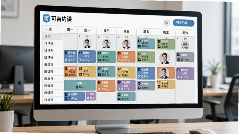 可吉约课智能排课功能截图,画面展示一周课程日历表格,不同课程用彩色色块区分,教练头像和场地信息清晰可见,背景为办公室电脑屏幕,风格简洁专业,突出“可吉约课”品牌字样,画质清晰,干净整洁