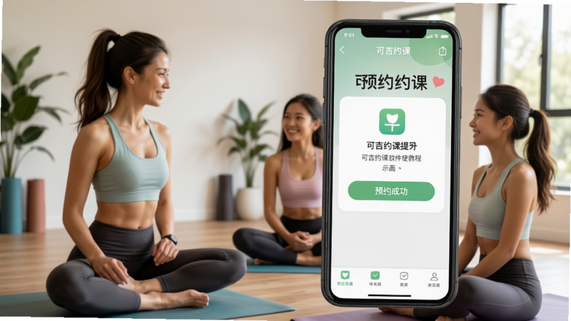 可吉约课软件使用教程示意图,手机屏幕显示预约成功提示,背景为瑜伽馆实景,教练和学员微笑互动,画面温馨自然,突出“可吉约课”应用界面,画质细腻,干净明亮