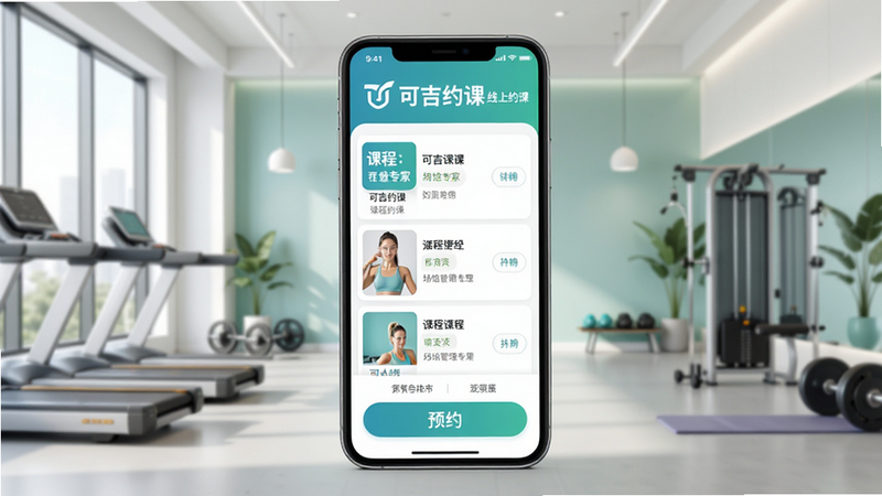 可吉约课软件主界面展示图,手机屏幕中显示课程列表和预约按钮,背景为现代简约健身房场景,整体色调明亮清新,界面布局清晰,突出“可吉约课-线上约课、场馆管理专家”品牌名称,画质高清,干净无多余元素