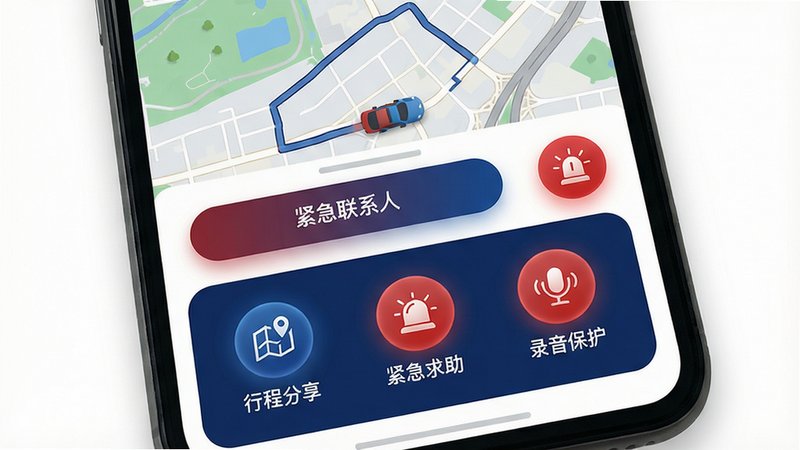 ���壺�ֻ���Ļ��ʾ�г̷������棬����ʵʱ��ͼ�켣��������ϵ�˰�ť�͡�һ����������ɫͼ�ꡣ���֣����й�ͼ����ͼռ�ϰ벿�֣��·�Ϊ���ܰ�ť�����Ű棺��Ϣͼ�껯������������С��г̷�����������������������¼������������Բ��ͼ�ꡣ���дʵ���ƽ��ϣ�ɫ���������ͺ�ɫ��׺��ϸ�ڣ���ͼ����ʾ�ƶ��ĳ���ͼ�꣬��ť�з���Ч��������Ϊ��ɫ�����ʣ����壬�ɾ����޶���Ԫ�ء�