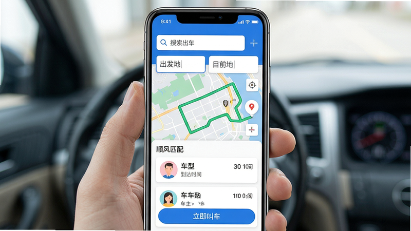 ���壺�ֻ���Ļ����ʾ��˳�����APP�������棬�������е�ͼ·�ߡ�������Ŀ�ĵ������˳�糵ƥ���б������֣����й�ͼ������Ԫ�������ɼ����Ϸ�Ϊ���������м�Ϊ��ͼ���·�Ϊƥ��ĳ�����Ƭ�б����Ű棺����UI��ƣ���Ϣ�㼶��������Ƭʽ���֡�����ִ���ƽ�����ɫ���������죬����ɫ�Ͱ�ɫΪ��ɫ����ϸ�ڣ���ͼ������ɫ·�߱�ǣ���Ƭ����ʾ����ͷ�񡢳��͡�����ʱ�䣬�ײ��С������г�����ť�����ʣ����壬�ɾ����޶���Ԫ�ء�