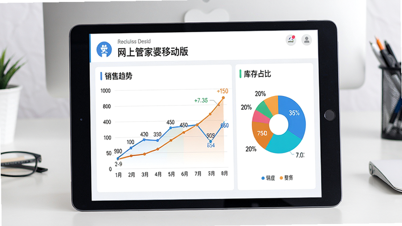 一张数据可视化图表风格的图片,主体为平板电脑屏幕展示“网上管家婆移动版”的销售趋势折线图与库存占比饼图,背景为简洁的办公桌面,布局居中,排版规整,风格商务简约,细节包括图表颜色鲜明、数据标注清晰,画质高清干净,无多余元素。