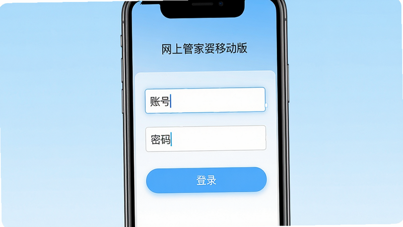 一张登录界面截图风格图片,主体为手机屏幕显示“网上管家婆移动版”的登录页面,包含账号输入框、密码输入框和登录按钮,背景为浅蓝色渐变,布局居中,排版简洁,风格UI设计风,细节包括输入框有光标闪烁,按钮高亮,画质干净,无多余元素。