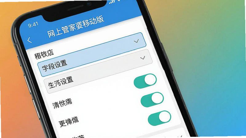 一张展示自定义设置界面的截图风格图片,主体为手机屏幕显示“网上管家婆移动版”的字段设置页面,包含下拉菜单、开关按钮等控件,背景为纯色渐变,布局清晰,排版整齐,风格UI设计风,细节包括选项高亮、字体清晰,画质干净,无多余元素。