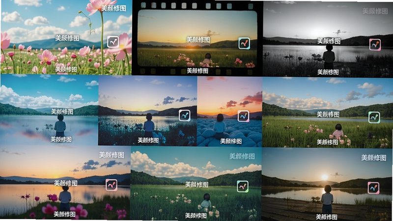 主体:多张不同风格的风景照片排列,每张照片应用不同滤镜效果,色彩丰富,有日系清新、复古胶片、黑白艺术等风格。布局:网格排列,每张照片下方标注滤镜名称。排版:整齐有序,滤镜名称用白色小字显示。风格:艺术感、多样化,细节:照片中展示“美颜修图”水印,画质:高清、干净、无多余元素。
