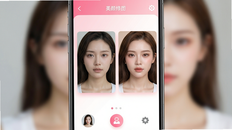 主体:手机屏幕上展示美颜修图软件界面,界面中有多张人像照片前后对比效果,左边是原始照片,右边是美化后的照片,人像皮肤细腻、五官立体、背景虚化,整体画面明亮柔和。布局:居中构图,手机屏幕为主体,四周留白,屏幕下方有功能图标排列。排版:简洁现代,界面采用卡片式设计,色彩以粉白渐变为主。风格:清新自然、科技感,细节:屏幕中显示“美颜修图”字样,画质:高清、干净、无多余元素。