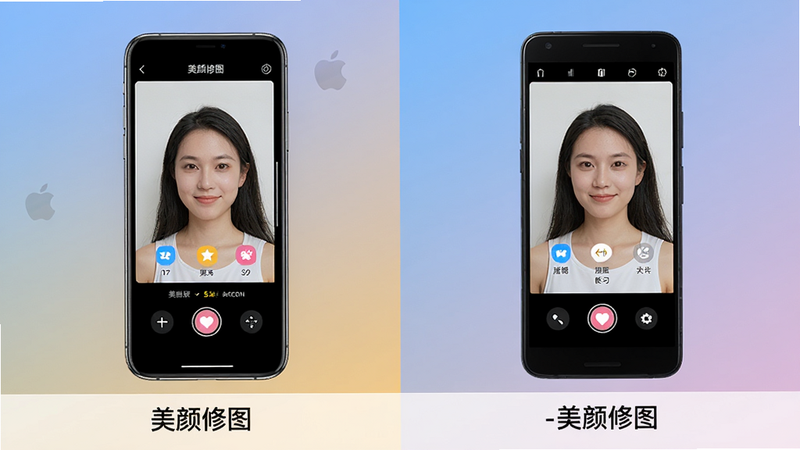 主体:一部苹果手机和一部安卓手机并排,屏幕上都打开美颜修图软件界面,界面显示同一张人像照片,但功能列表不同,苹果版功能较少,安卓版功能丰富。布局:两部手机左右排列,背景为渐变色。排版:对比式排版,下方有文字说明。风格:科技感、简洁,细节:屏幕中显示“美颜修图”和不同功能图标,画质:高清、干净、无多余元素。