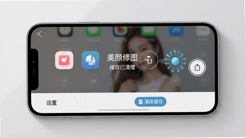 主体:手机横屏显示美颜修图软件界面,界面中有多个功能图标,下方有“设置”菜单,点击“清除缓存”按钮,屏幕显示清理动画。布局:手机居中,背景为浅灰色,周围有柔和的光影。排版:界面布局清晰,按钮醒目。风格:科技感、简洁,细节:屏幕中显示“美颜修图”和“缓存已清理”字样,画质:高清、干净、无多余元素。