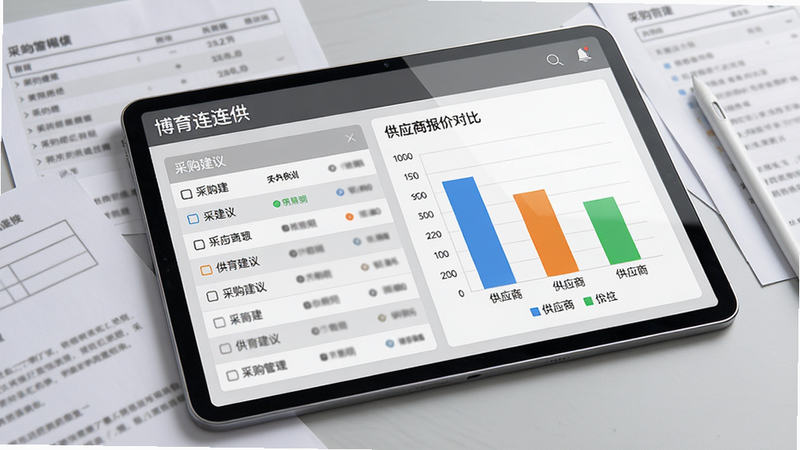 主体:一个平铺的平板电脑,屏幕上展示“博育连连供”的采购管理模块,左侧是采购建议列表,右侧是供应商报价对比柱状图。布局:平板电脑平放在桌面上,画面采用俯拍角度,平板周围散落着几份纸质采购单和一支触控笔,形成虚实对比。排版:屏幕上的列表清晰,柱状图用不同颜色区分各供应商价格,图例在右下角,整体布局平衡。风格:商务简约风格,色调以灰白为主,柱状图用蓝、橙、绿三色点缀,显得专业严谨。细节:平板边框金属质感明显,屏幕反光轻微,纸质文件上的文字模糊处理,突出屏幕内容。画质:高清,画面干净,无多余元素,背景为浅灰色桌面。