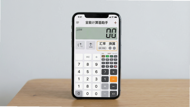 一张智能手机屏幕特写,屏幕上清晰显示“全能计算器助手”的界面,界面包含数字键盘、科学计算按钮与汇率换算模块,手机放置在简约木质桌面上,背景为浅灰色纯色,构图居中,风格写实且光线明亮,画质高清干净,无多余元素