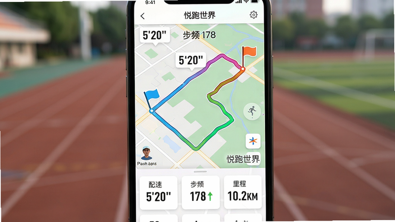 主体为手机屏幕特写,屏幕中显示悦跑世界App的轨迹记录页面,一条彩色路线在地图上蜿蜒,包含多个数据标签如“配速 5'20''”、“步频 178”和“里程 10.2KM”。布局为手机居中,屏幕内容清晰可读,背景为模糊的操场跑道。排版上,地图占屏幕大部分,下方以卡片式布局展示各项数据。风格写实,光线柔和,突出屏幕发光效果。细节包括地图上的起点和终点旗帜图标,以及“悦跑世界”的Logo水印。画质高清,细节丰富,无多余元素。