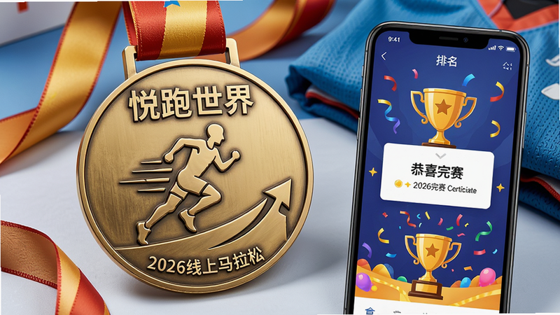 主体为一块精致的实体完赛奖牌,奖牌上刻有“悦跑世界”字样和跑步图案,旁边放着手机,手机屏幕显示赛事完赛证书和排名。布局为奖牌居中偏左,手机在右侧展示虚拟奖杯和庆祝动画。排版庄重而喜庆,背景为缎带和运动装备。风格为写实摄影,光线充足,突出金属质感。细节包括奖牌上的“2026线上马拉松”文字和手机屏幕上的“恭喜完赛”弹窗。画质高清,细节到位,无多余元素。
