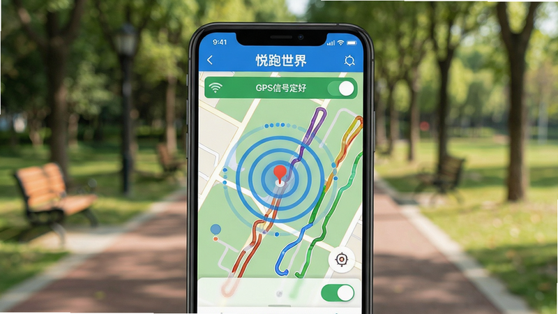 主体为一部手机,屏幕上显示悦跑世界App的地图页面,定位点周围有蓝色波纹表示信号强度,同时页面顶部有“GPS信号好”的提示。布局为手机居中,背景为户外公园实景。排版清晰,地图上显示数条跑步轨迹。风格为写实与UI结合,光线自然。细节包括手机屏幕上的“高精度定位”开关和“悦跑世界”Logo。画质高清,画面干净,无多余元素。