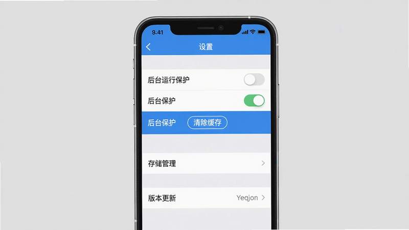 主体为手机截图,展示悦跑世界App的“设置”界面,高亮显示“后台保护”选项和“存储管理”菜单。布局为手机居中,背景为浅灰色纯色。排版整洁,设置项以列表形式排列,其中“后台运行保护”开关被开启。风格为简洁的UI截图风格,色彩以白色和蓝色为主。细节包括“清除缓存”按钮和“版本更新”选项。画质清晰,界面干净,无多余元素。