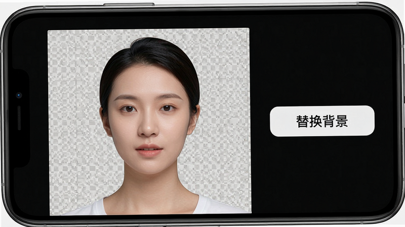 美颜修图智能抠图演示图,手机屏幕中显示一个人物被从原始背景中抠出,背景变为透明网格,旁边有“替换背景”按钮,界面简洁,人物边缘清晰,画质干净,无多余元素