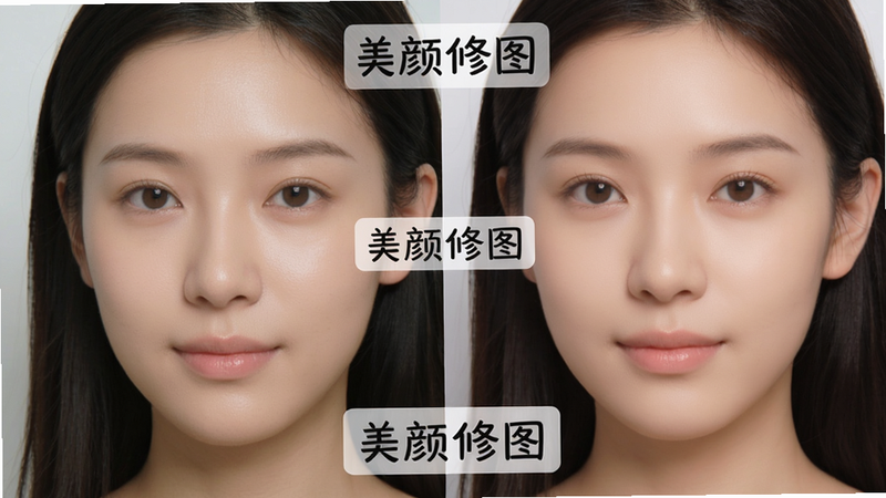 美颜修图AI美颜功能对比图,左侧为原始人像照片,右侧为经过美颜修图处理后的效果,展示肤色提亮、瑕疵消除、五官微调等细节,画面中标注“美颜修图”字样,风格写实,画质干净,无多余元素