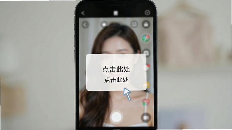美颜修图使用教程步骤图,手机界面显示操作引导浮层,标注“点击此处”等提示,背景为模糊化处理的应用界面,整体风格简洁,画质清晰,无多余元素