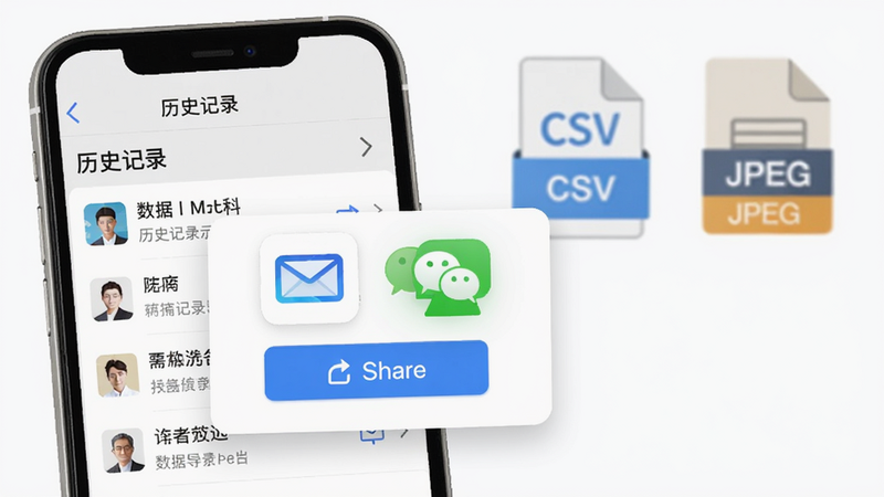 TargetIR数据报告导出流程示意图,手机屏幕显示历史记录列表,点击分享按钮后弹出邮件和微信图标,背景有CSV和JPEG文件图标,整体简洁明快,画质干净。