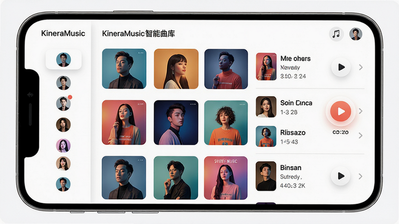 主体:KineraMusic智能曲库界面,手机屏幕显示专辑网格与分类标签;布局:屏幕居中,左侧有侧边栏,右侧为歌曲列表;排版:专辑封面整齐排列,色彩鲜艳;风格:扁平化设计,柔和圆角,白色背景;细节:播放按钮悬浮,歌手头像,歌曲名与时长信息;画质:4K超清,干净明亮,无多余元素