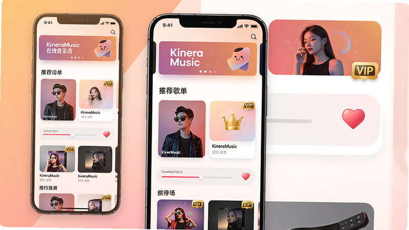 主体:KineraMusic在线音乐商店页面,手机屏幕显示推荐歌单与排行榜;布局:竖向滚动列表,顶部为横幅广告位;排版:卡片式设计,图文并茂;风格:时尚活力,渐变背景,暖色调;细节:下载进度条,心形收藏按钮,VIP标识;画质:高清,干净,无多余元素