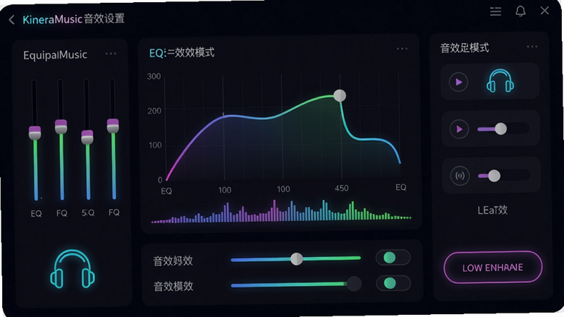 主体:KineraMusic音效设置界面,屏幕显示均衡器滑块与音效模式;布局:中央为EQ曲线图,下方为音效开关列表;排版:简洁直观,滑块颜色鲜艳;风格:深色模式,科技感,霓虹光效;细节:音乐频谱动态显示,耳机图标,低音增强按钮;画质:高清,干净,无多余元素