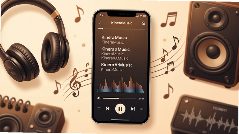 主体:手机屏幕显示KineraMusic播放界面,周围有耳机、音箱等设备;布局:手机居中,设备环绕,音符点缀;排版:界面清晰,歌词滚动;风格:写实与插画结合,暖色调;细节:播放控制按钮,音量条,频谱动画;画质:高清,干净,无多余元素
