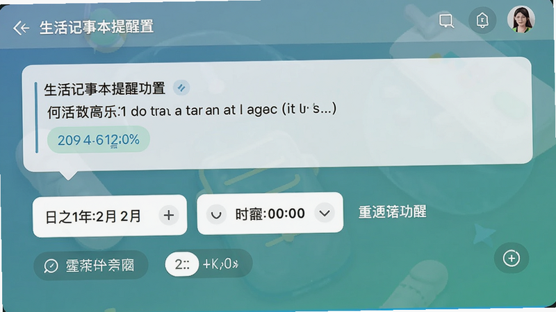 一张展示生活记事本提醒设置功能的界面截图,画面中显示一条笔记正被设置提醒,下方有日期和时间选择器,以及重复间隔选项,界面清晰易懂,色彩搭配和谐,整体风格与主界面保持一致,画质清晰,无多余元素。