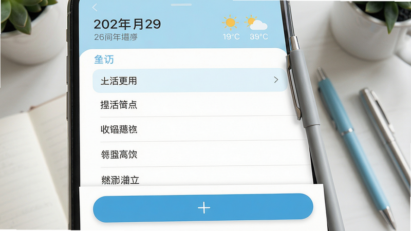 一张展示生活记事本应用主界面的高清截图,界面布局简洁明了,顶部有日期和天气信息,中部是分类清晰的笔记列表,底部有醒目的添加按钮,整体风格清新自然,以浅蓝色和白色为主色调,营造出舒适、专注的记录氛围,画面干净,无多余元素,画质清晰。