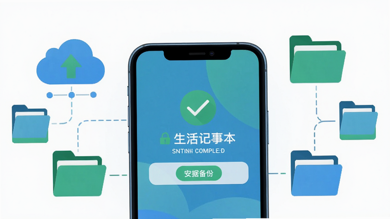 一张展示生活记事本数据备份功能的示意图,画面中一部手机屏幕显示备份完成的提示,周围有云存储、文件夹等图标环绕,整体色调以蓝色和绿色为主,风格简洁明了,突出安全可靠的感觉,画质干净,无多余元素。