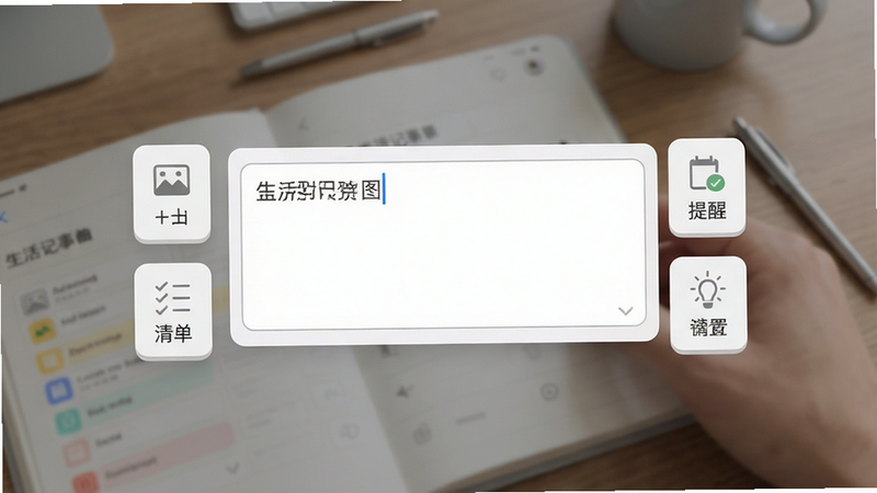 一张展示生活记事本快速记录功能的操作界面截图,画面中央是一个文本输入框,四周有添加图片、创建清单、设置提醒等图标按钮,背景虚化处理,突出输入区域,整体风格简洁直观,以白色和浅灰色为主,色彩柔和,画质干净,无多余元素。