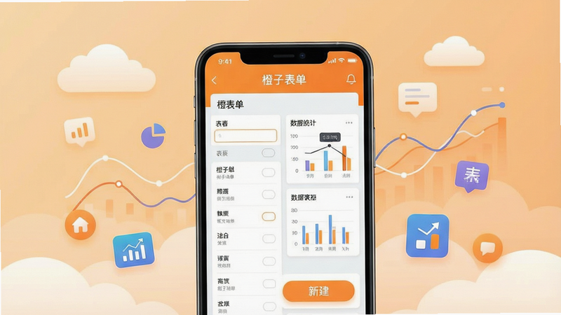 一幅现代扁平化风格的主视觉图,前景是放大的智能手机屏幕,屏幕中清晰显示“橙子表单”App的界面,包含表单列表、数据统计图表和新建表单按钮,背景是浅橙色的渐变底色,辅以云朵、数据线条和悬浮的图标元素,整体布局居中,排版干净,色彩明亮,细节丰富,画质清晰,干净无多余元素