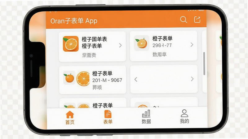 一张手机截图风格的图片,显示橙子表单App的操作主界面,底部有“首页”、“表单”、“数据”、“我的”四个标签,中间是表单卡片列表,整体UI风格简洁,橙色主调,画质清晰,干净无多余元素,图片中带有“橙子表单”应用名称