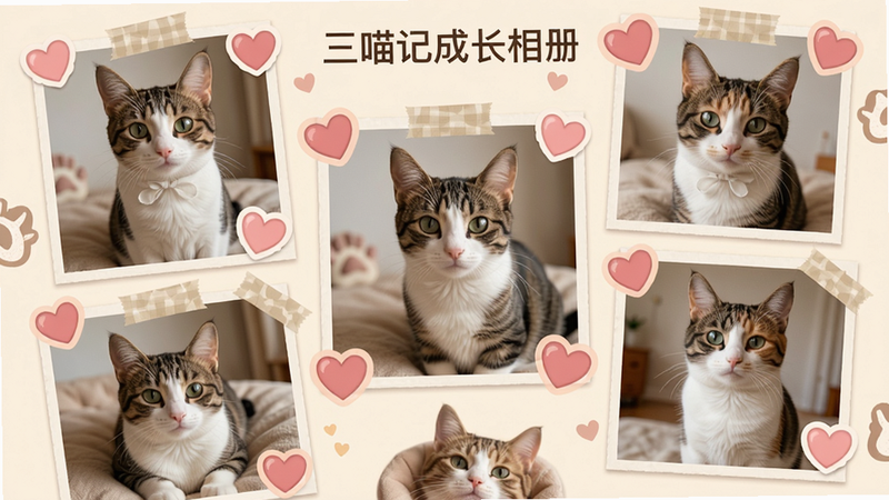 三喵记成长相册功能,展示猫咪不同时期的照片拼贴,有爱心贴纸装饰,界面温馨,画质细腻,干净无多余元素