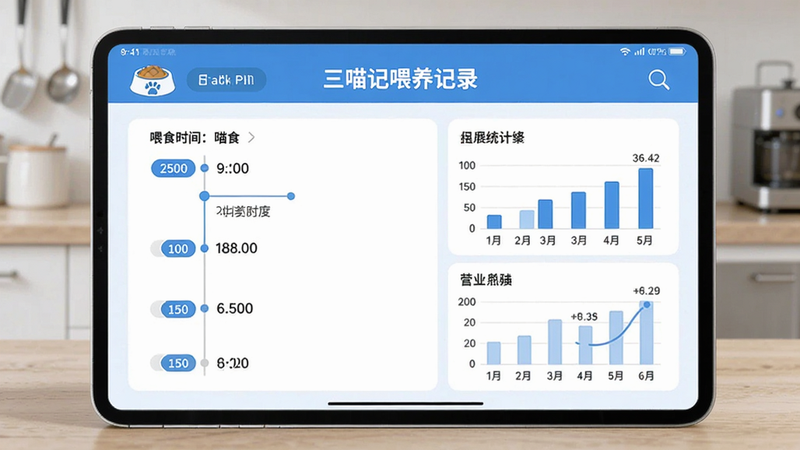 三喵记喂养记录页面,显示喂食时间轴和统计图表,有猫粮碗的图标,界面清爽,蓝白配色,布局清晰,画质高,无多余元素