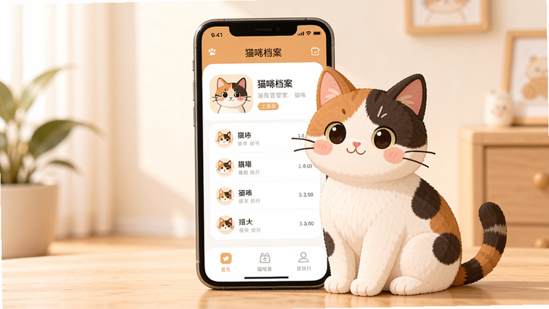 三喵记应用主界面展示,一只可爱的三花猫坐在手机屏幕前,屏幕上是猫咪档案管理页面,界面简洁清新,以暖色调为主,布局合理,画质清晰,干净无多余元素