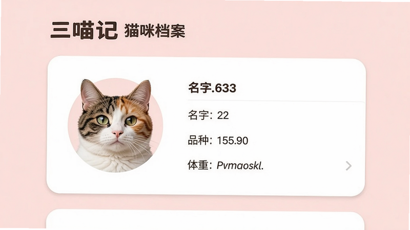 三喵记猫咪档案页面,展示猫咪头像、名字、品种、体重等详细信息,界面设计简洁,采用卡片式布局,背景为淡粉色,画质干净,无多余元素