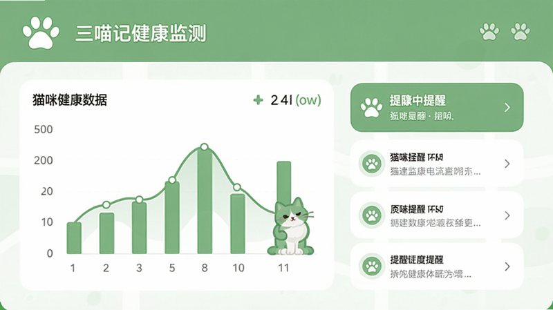 三喵记健康监测页面,展示猫咪健康数据图表和提醒列表,有猫咪爪印图标,界面简约,绿色调为主,画质清晰,无多余元素