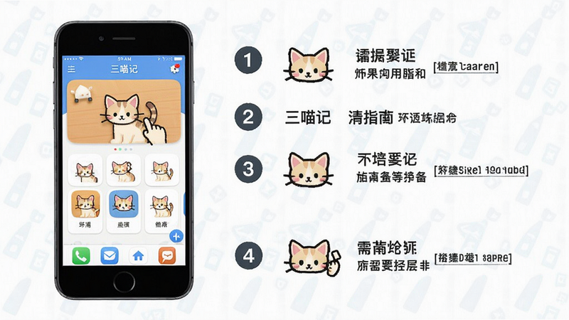 三喵记使用指南示意图,手机屏幕显示应用主界面,旁边有操作步骤标号,背景简洁,画质清晰,无多余元素