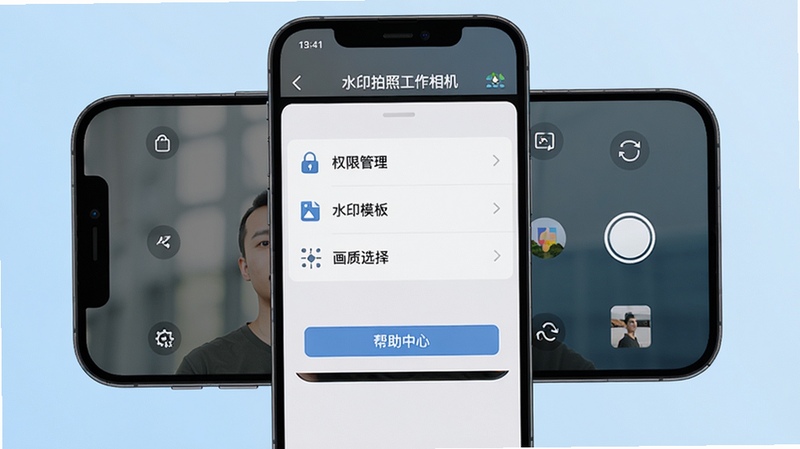 主体:一部手机横屏拍摄的界面,屏幕显示水印拍照工作相机的设置页面,有“权限管理”“水印模板”“画质选择”等选项,页面下方有“帮助中心”按钮。布局:手机居中,背景为浅蓝色渐变。排版:设置项列表清晰,字体大小适中。风格:简洁清爽的UI风格。细节:每个设置项有对应的图标。画质:高清,干净,无多余元素。