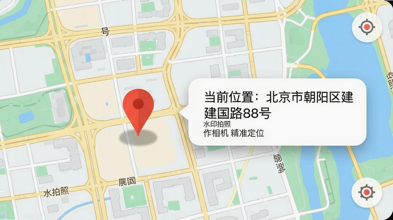 主体:手机地图界面截图,地图上有一个红色定位标记,旁边弹出信息卡片显示“当前位置:北京市朝阳区建国路88号”,卡片下方有一行小字“水印拍照工作相机 精准定位”。布局:地图全屏,定位标记位于中心偏左。排版:信息卡片圆角设计,文字清晰。风格:扁平化UI风格,色彩明快。细节:地图道路清晰,标记有阴影效果。画质:高清,干净,无多余元素。