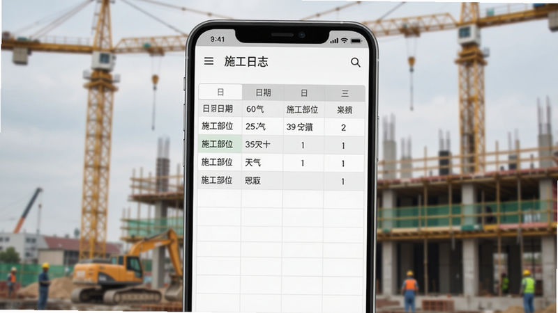 主视觉展示一款名为“施工日志”的安卓手机应用界面,手机竖屏居中,屏幕内清晰显示电子表格形式的日志编辑页面,包含日期、天气、施工部位等字段,背景为浅灰色渐变,搭配建筑工地模糊场景,整体风格简洁现代,UI设计干净,高画质,无多余元素