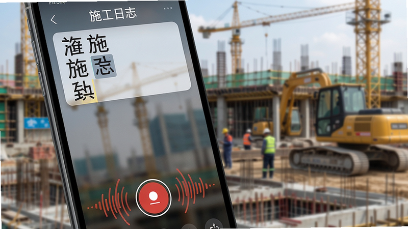 展示“施工日志”语音输入功能,手机屏幕特写,界面下方有红色录音按钮,声波动画环绕,屏幕上方文字识别结果逐字出现,背景为施工现场模糊虚化,风格写实,突出科技感,画质清晰